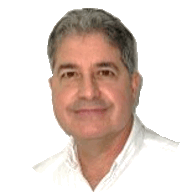 Young man with dark hair and beard, brown eyes, blue t-shirt